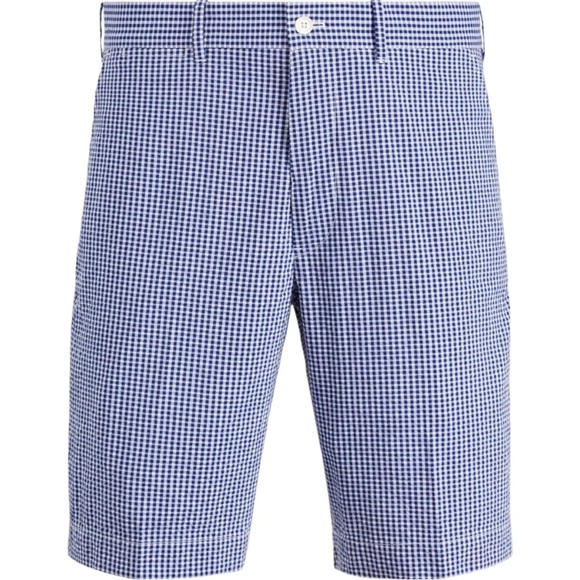 POLO GOLF Ralph Lauren Cotton Blue/White Gingham Flat Front Shorts Size 36 - Picture 3 of 11